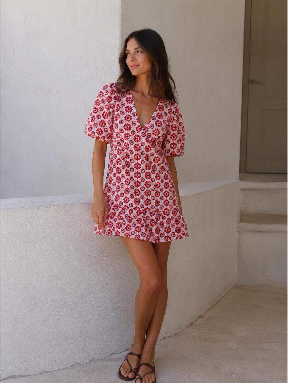 Rhode Womens Mariana Dress Floral Print V-Neck Short Sleeve Retro Fleur Size 6
